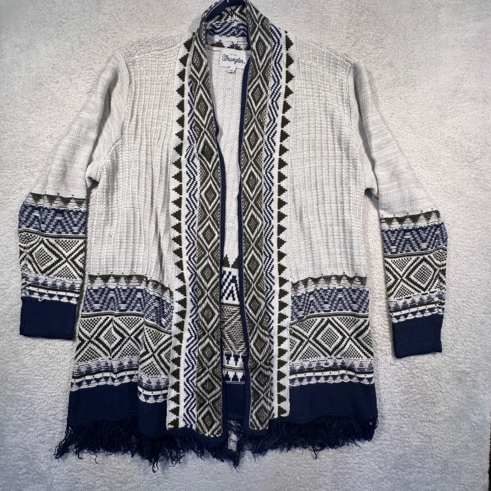 Wrangler Women's Aztec Print Open Front Fringe Hem Cardigan Sweater‎ Size L
